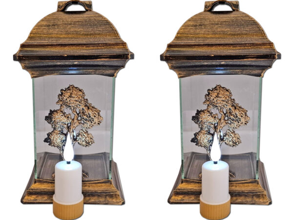 ZNICZ LAMPION NA GRÓB ZESTAW 2 SZTUKI KATEDRA SZKŁO DRZEWO ZŁOTO +WKŁADY