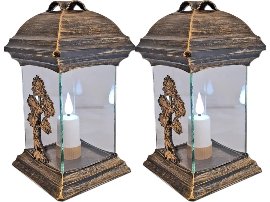 ZNICZ LAMPION NA GRÓB ZESTAW 2 SZTUKI KATEDRA SZKŁO DRZEWO ZŁOTO +WKŁADY
