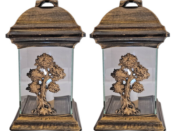 ZNICZ LAMPION NA GRÓB ZESTAW 2 SZTUKI KATEDRA SZKŁO DRZEWO ZŁOTO +WKŁADY