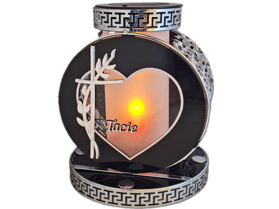 TATA TACIE SOLAR FOTOWOLTAICZNY ZNICZ LAMPION VIP KOŁO SREBRNO-BIAŁY