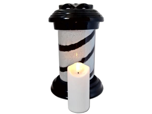 ZNICZ LAMPION NA GRÓB CERAMIKA TUBA MAŁA ZEBRA BIAŁO-CZARNA+ŚWIECA LED