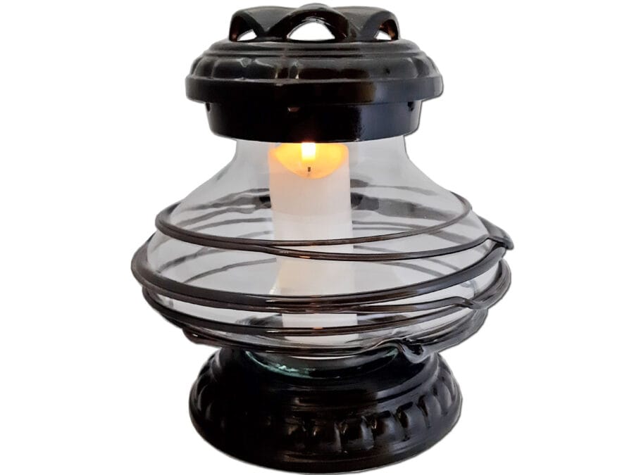 ufo-owijka-czarn-sw1.jpg ZNICZ ZNICZE LAMPION NA GRÓB CERAMIKA UFO OPLOT CZARNY+ŚWIECA LED