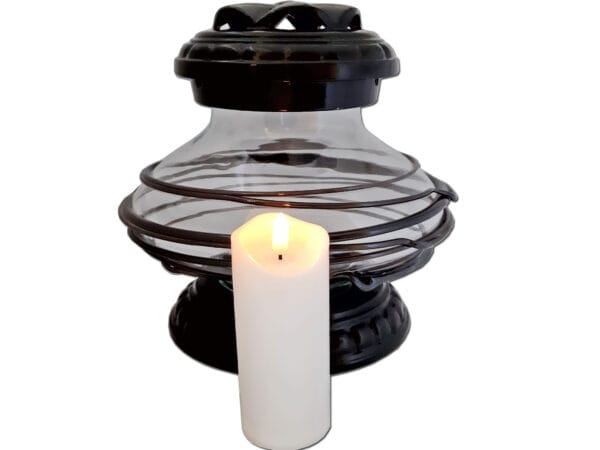 ufo-owijka-czarn-sw2.jpg ZNICZ ZNICZE LAMPION NA GRÓB CERAMIKA UFO OPLOT CZARNY+ŚWIECA LED