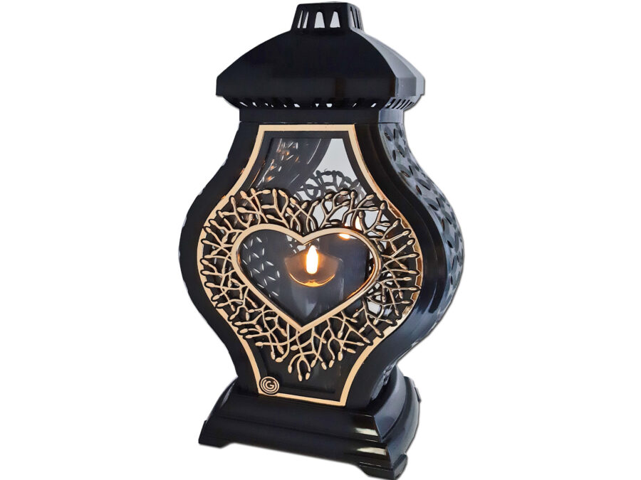 ZNICZ LAMPION NA GRÓB WAZA DUŻA RTN RAMA SERCE CZARNA+ŚWIECA LED CZARNA