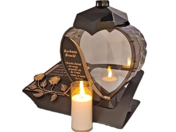 BRAT BRATU ZNICZ LAMPION NA GRÓB SERCE ZŁOTO SKOS SENTENCJA+ ŚWIECA