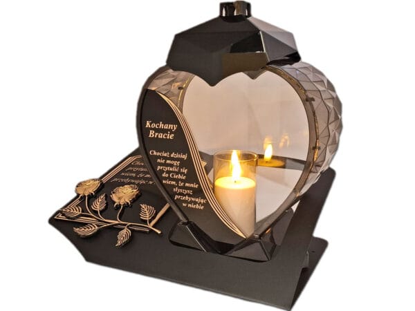 BRAT BRATU ZNICZ LAMPION NA GRÓB SERCE ZŁOTO SKOS SENTENCJA+ ŚWIECA