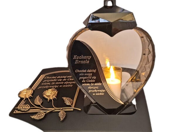 BRAT BRATU ZNICZ LAMPION NA GRÓB SERCE ZŁOTO SKOS SENTENCJA+ ŚWIECA