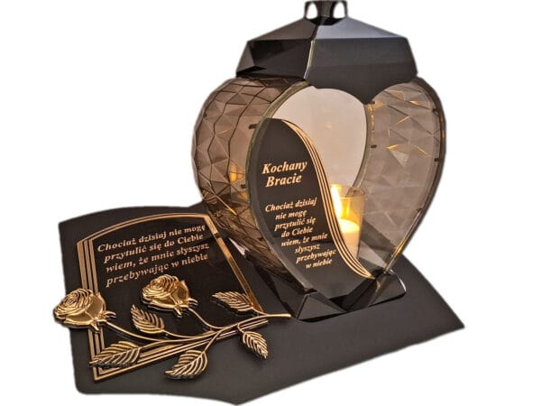 BRAT BRATU ZNICZ LAMPION NA GRÓB SERCE ZŁOTO SKOS SENTENCJA+ ŚWIECA