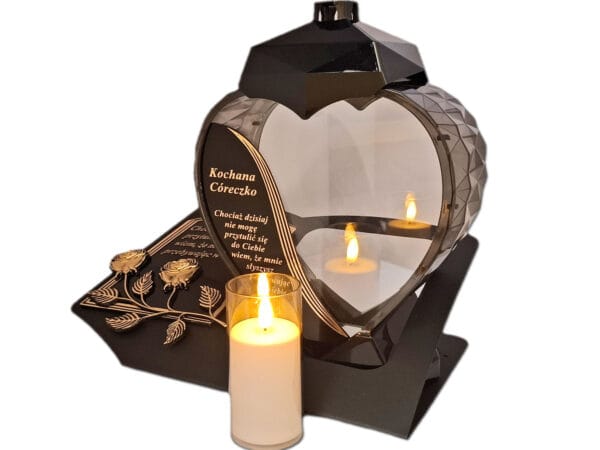 CÓRKA CÓRCE ZNICZ LAMPION NA GRÓB SERCE ZŁOTO SKOS SENTENCJA+ ŚWIECA