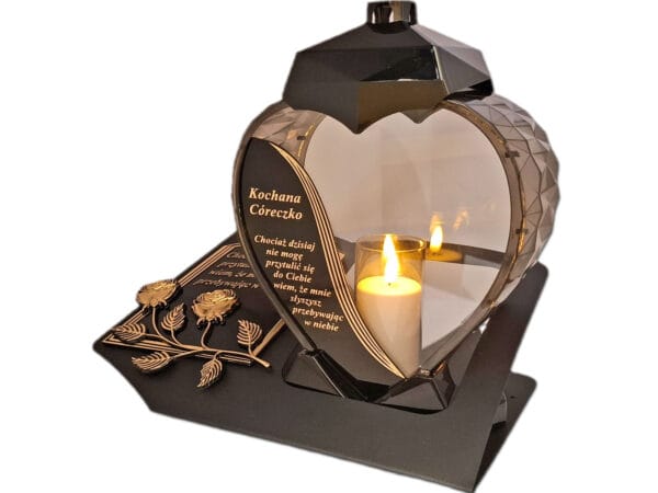 CÓRKA CÓRCE ZNICZ LAMPION NA GRÓB SERCE ZŁOTO SKOS SENTENCJA+ ŚWIECA