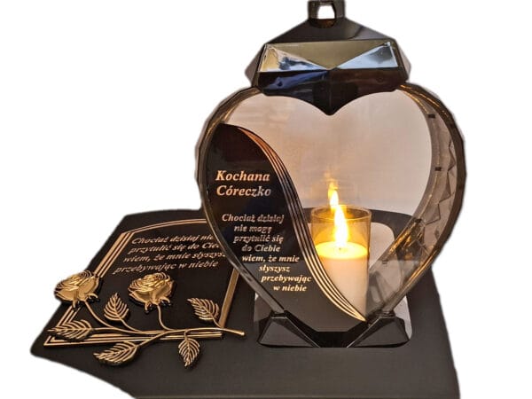 CÓRKA CÓRCE ZNICZ LAMPION NA GRÓB SERCE ZŁOTO SKOS SENTENCJA+ ŚWIECA