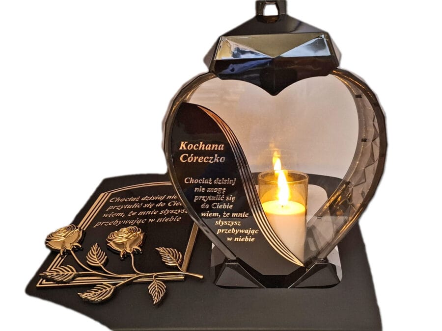 CÓRKA CÓRCE ZNICZ LAMPION NA GRÓB SERCE ZŁOTO SKOS SENTENCJA+ ŚWIECA