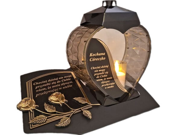 CÓRKA CÓRCE ZNICZ LAMPION NA GRÓB SERCE ZŁOTO SKOS SENTENCJA+ ŚWIECA
