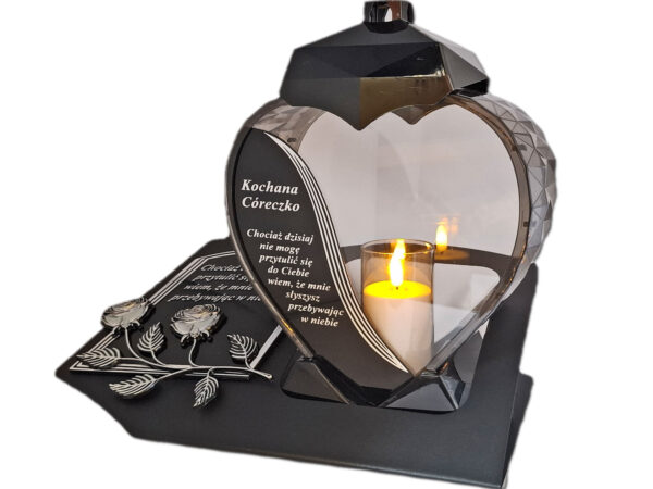 CÓRKA CÓRCE ZNICZ LAMPION NA GRÓB SERCE SREBRO SKOS SENTENCJA+ ŚWIECA
