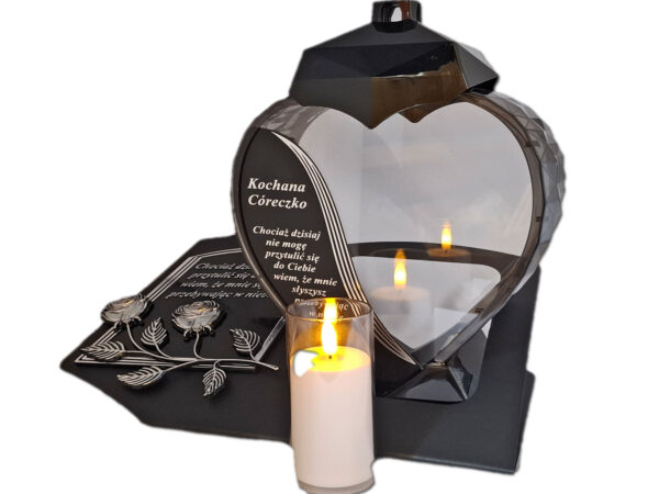 CÓRKA CÓRCE ZNICZ LAMPION NA GRÓB SERCE SREBRO SKOS SENTENCJA+ ŚWIECA