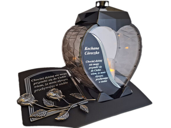 CÓRKA CÓRCE ZNICZ LAMPION NA GRÓB SERCE SREBRO SKOS SENTENCJA+ ŚWIECA