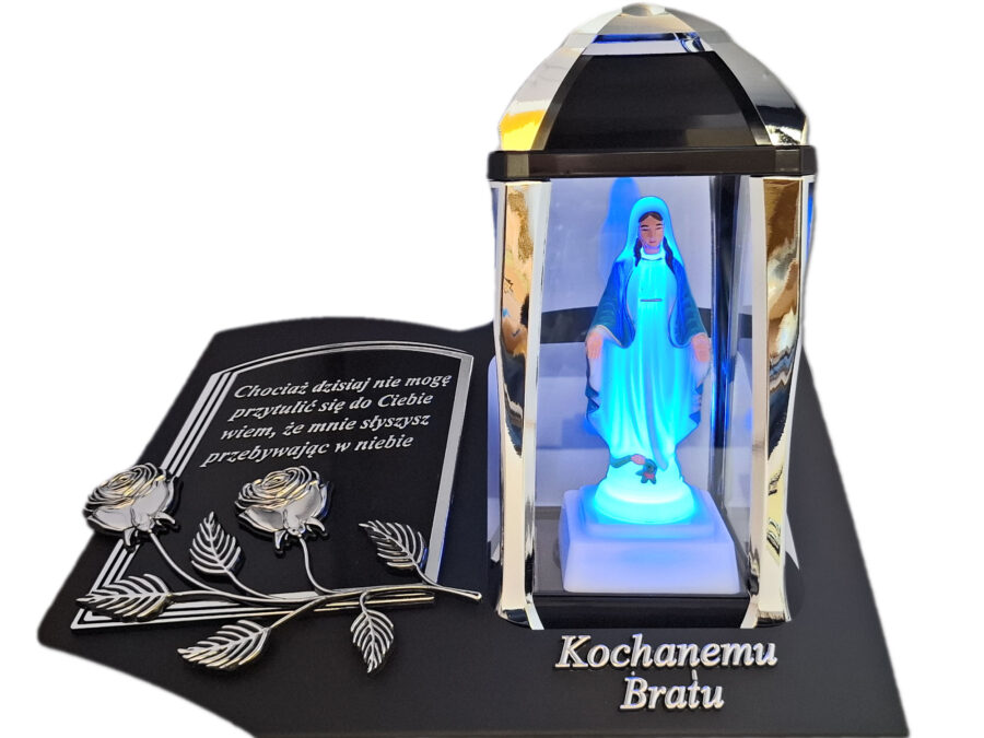 BRAT BRATU ZNICZ LAMPION NA GRÓB KPL SREBRO SKOS SENTENCJA+ FIGURKA LED