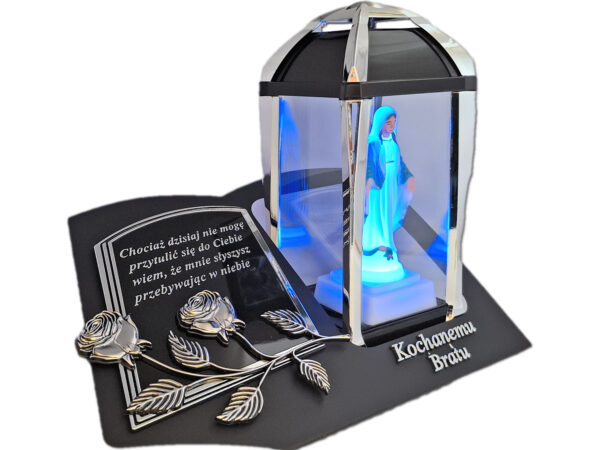 BRAT BRATU ZNICZ LAMPION NA GRÓB KPL SREBRO SKOS SENTENCJA+ FIGURKA LED