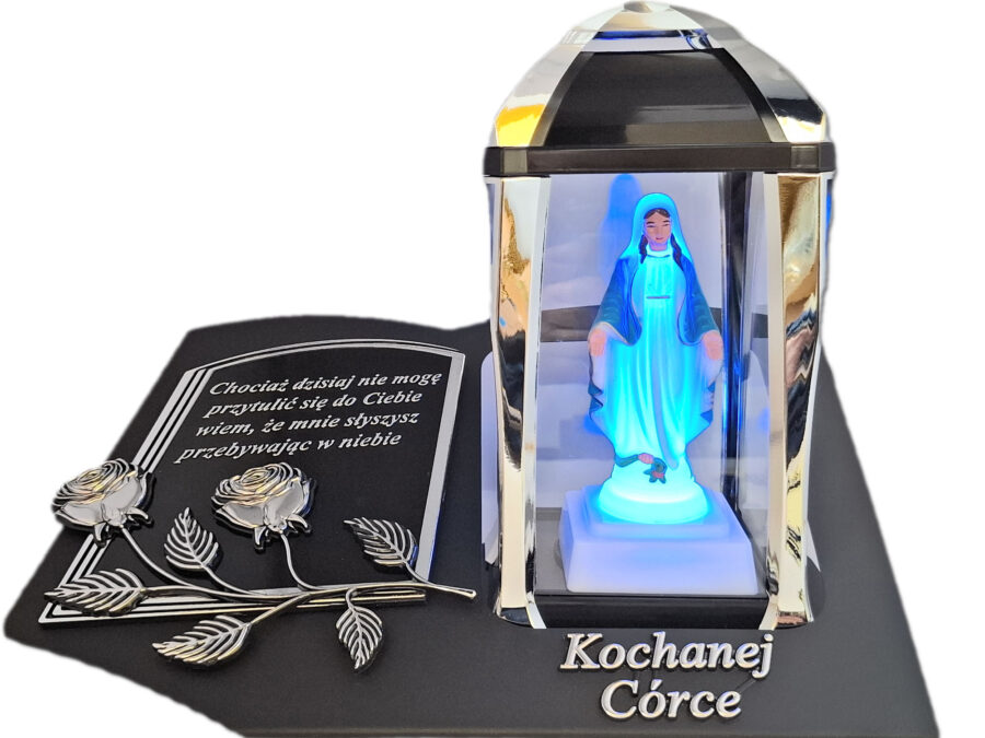 CÓRKA CÓRCE ZNICZ LAMPION NA GRÓB KPL SREBRO SKOS SENTENCJA+ FIGURKA LED