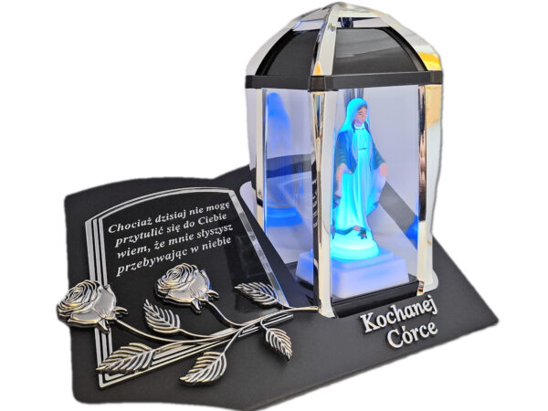 CÓRKA CÓRCE ZNICZ LAMPION NA GRÓB KPL SREBRO SKOS SENTENCJA+ FIGURKA LED