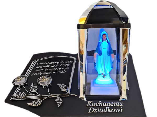 DZIADEK ZNICZ LAMPION NA GRÓB KPL SREBRO SKOS SENTENCJA+ FIGURKA LED