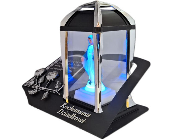 DZIADEK ZNICZ LAMPION NA GRÓB KPL SREBRO SKOS SENTENCJA+ FIGURKA LED