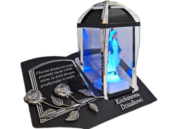 DZIADEK ZNICZ LAMPION NA GRÓB KPL SREBRO SKOS SENTENCJA+ FIGURKA LED