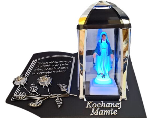 MAMA MAMIE ZNICZ LAMPION NA GRÓB KPL SREBRO SKOS SENTENCJA+ FIGURKA LED