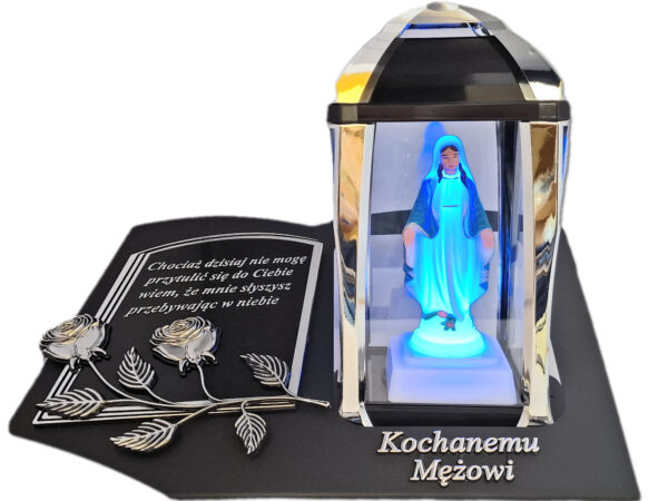 MĄŻ MĘŻOWI ZNICZ LAMPION NA GRÓB KPL SREBRO SKOS SENTENCJA+ FIGURKA LED