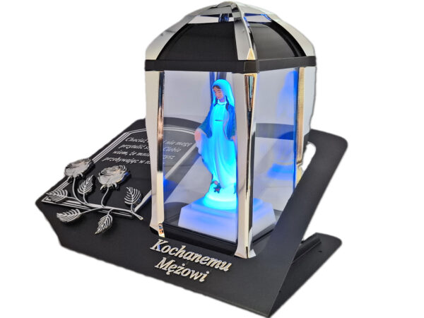 MĄŻ MĘŻOWI ZNICZ LAMPION NA GRÓB KPL SREBRO SKOS SENTENCJA+ FIGURKA LED