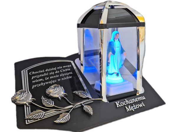 MĄŻ MĘŻOWI ZNICZ LAMPION NA GRÓB KPL SREBRO SKOS SENTENCJA+ FIGURKA LED