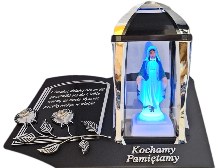PAMIĘTAMY ZNICZ LAMPION NA GRÓB KPL SREBRO SKOS SENTENCJA+ FIGURKA LED