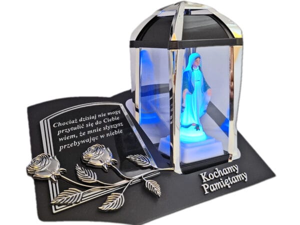PAMIĘTAMY ZNICZ LAMPION NA GRÓB KPL SREBRO SKOS SENTENCJA+ FIGURKA LED