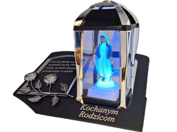 RODZICE RODZICOM ZNICZ LAMPION NA GRÓB KPL SREBRO SKOS SENTENCJA+ FIGURKA LED