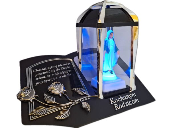 RODZICE RODZICOM ZNICZ LAMPION NA GRÓB KPL SREBRO SKOS SENTENCJA+ FIGURKA LED