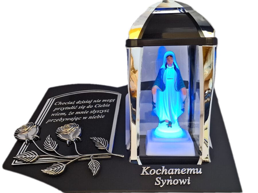 blach-kpl-pod-syn-sre-fig1.jpg SYN SYNOWI ZNICZ LAMPION NA GRÓB KPL SREBRO SKOS SENTENCJA+ FIGURKA LED