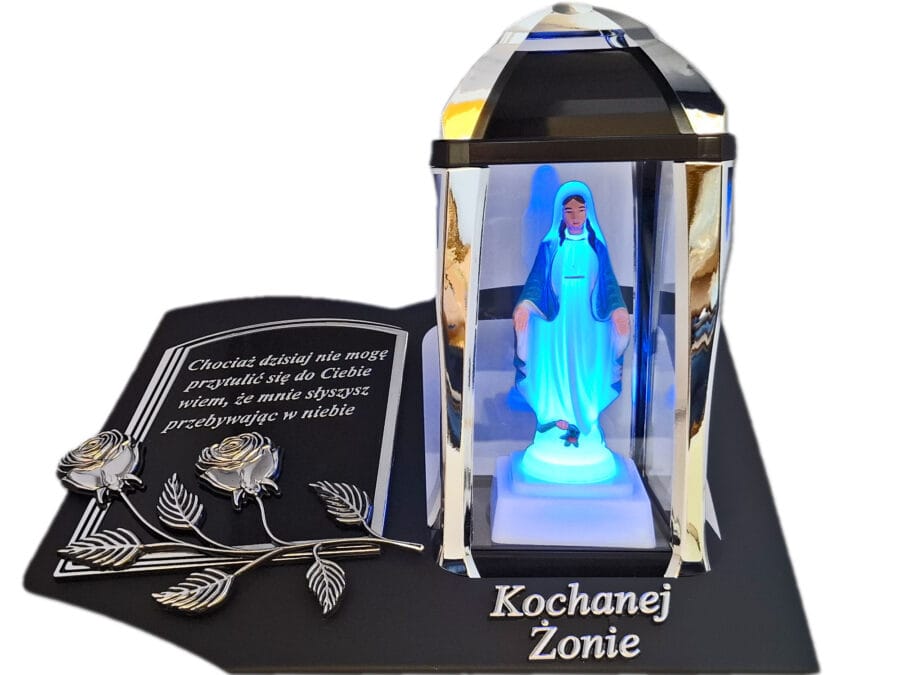 ŻONA ŻONIE ZNICZ LAMPION NA GRÓB KPL SREBRO SKOS SENTENCJA+ FIGURKA LED