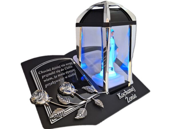 ŻONA ŻONIE ZNICZ LAMPION NA GRÓB KPL SREBRO SKOS SENTENCJA+ FIGURKA LED