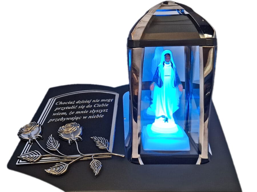 ZNICZ LAMPION NA GRÓB KPL GRAFIT SKOS SENTENCJA+ FIGURKA LED