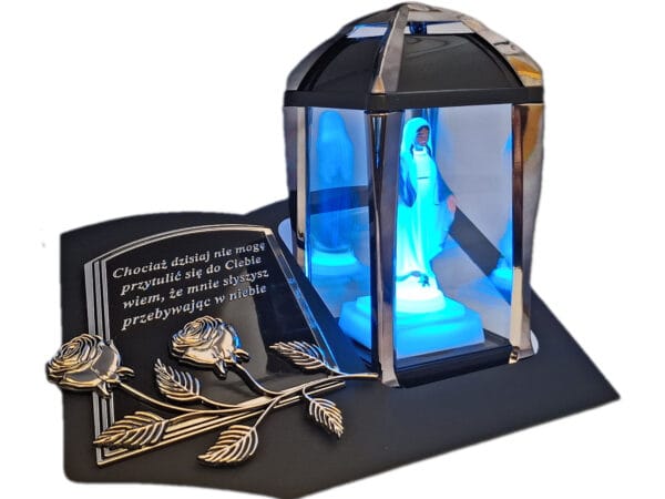 ZNICZ LAMPION NA GRÓB KPL GRAFIT SKOS SENTENCJA+ FIGURKA LED
