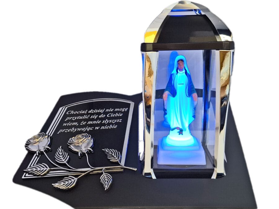 ZNICZ LAMPION NA GRÓB KPL SREBRO SKOS SENTENCJA+ FIGURKA LED