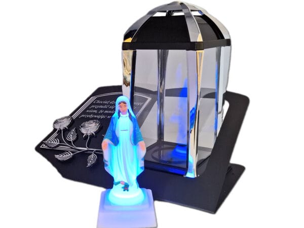 ZNICZ LAMPION NA GRÓB KPL SREBRO SKOS SENTENCJA+ FIGURKA LED