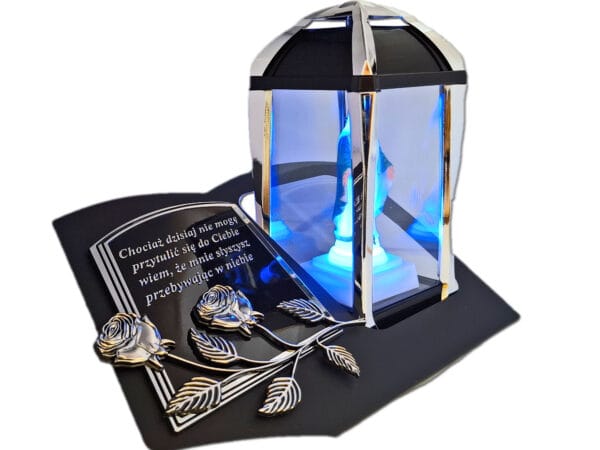 ZNICZ LAMPION NA GRÓB KPL SREBRO SKOS SENTENCJA+ FIGURKA LED