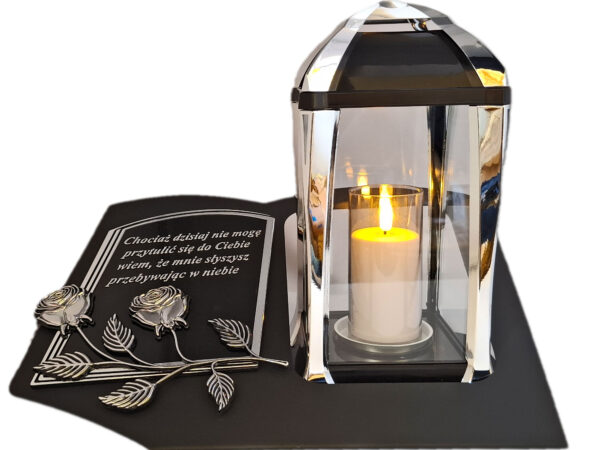 ZNICZ LAMPION NA GRÓB KPL SREBRO SKOS SENTENCJA+ ŚWIECA