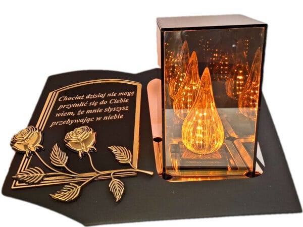 ZNICZ LAMPION NA GRÓB LUSTRO 3D ZŁOTO SKOS SENTENCJA+WKŁAD LED