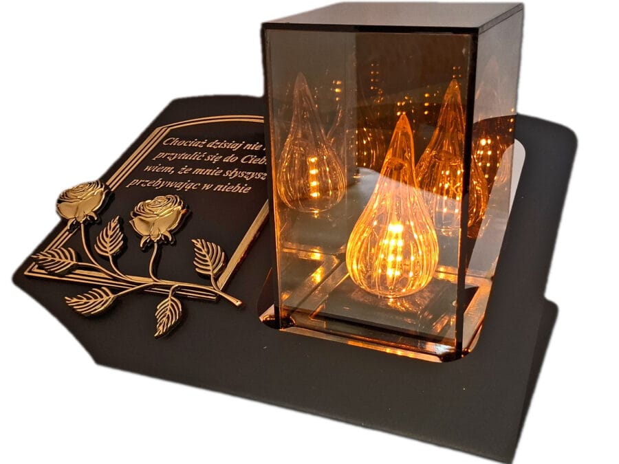 ZNICZ LAMPION NA GRÓB LUSTRO 3D ZŁOTO SKOS SENTENCJA+WKŁAD LED
