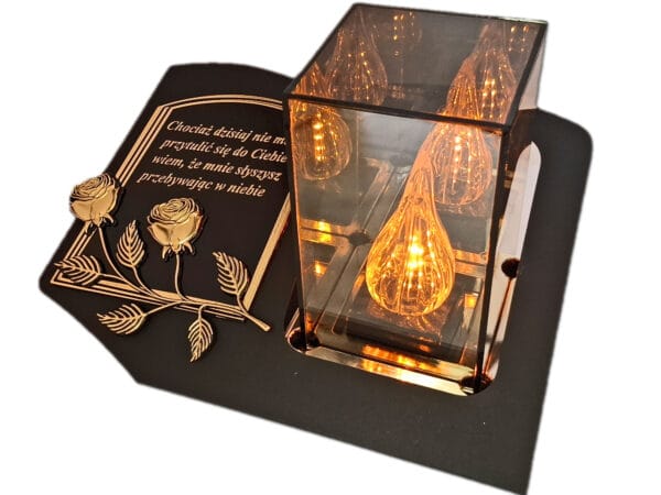 ZNICZ LAMPION NA GRÓB LUSTRO 3D ZŁOTO SKOS SENTENCJA+WKŁAD LED