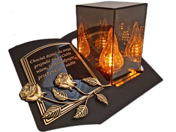 ZNICZ LAMPION NA GRÓB LUSTRO 3D ZŁOTO SKOS SENTENCJA+WKŁAD LED