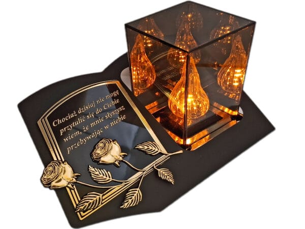 ZNICZ LAMPION NA GRÓB LUSTRO 3D ZŁOTO SKOS SENTENCJA+WKŁAD LED