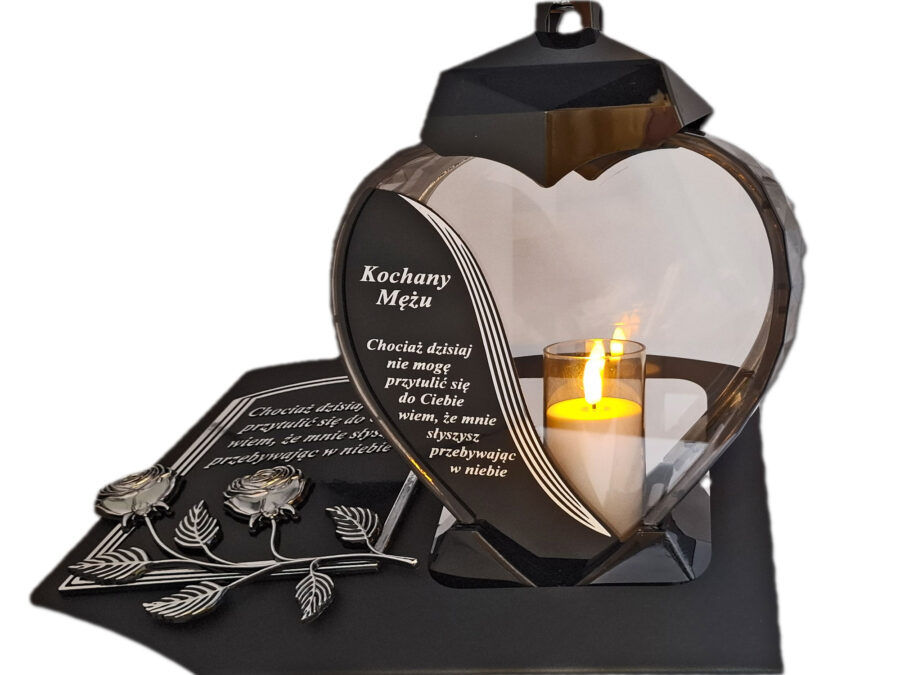 MĄŻ MĘŻOWI ZNICZ LAMPION NA GRÓB SERCE SREBRO SKOS SENTENCJA+ ŚWIECA